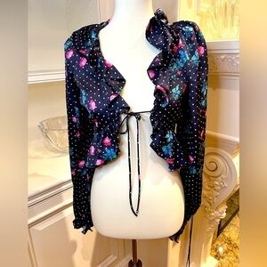 FOR  LOVE &  LEMONS BLACK FLORAL & POLKA DOT RUFFLE PUFF SLEEVE TOP SIZE SMALL